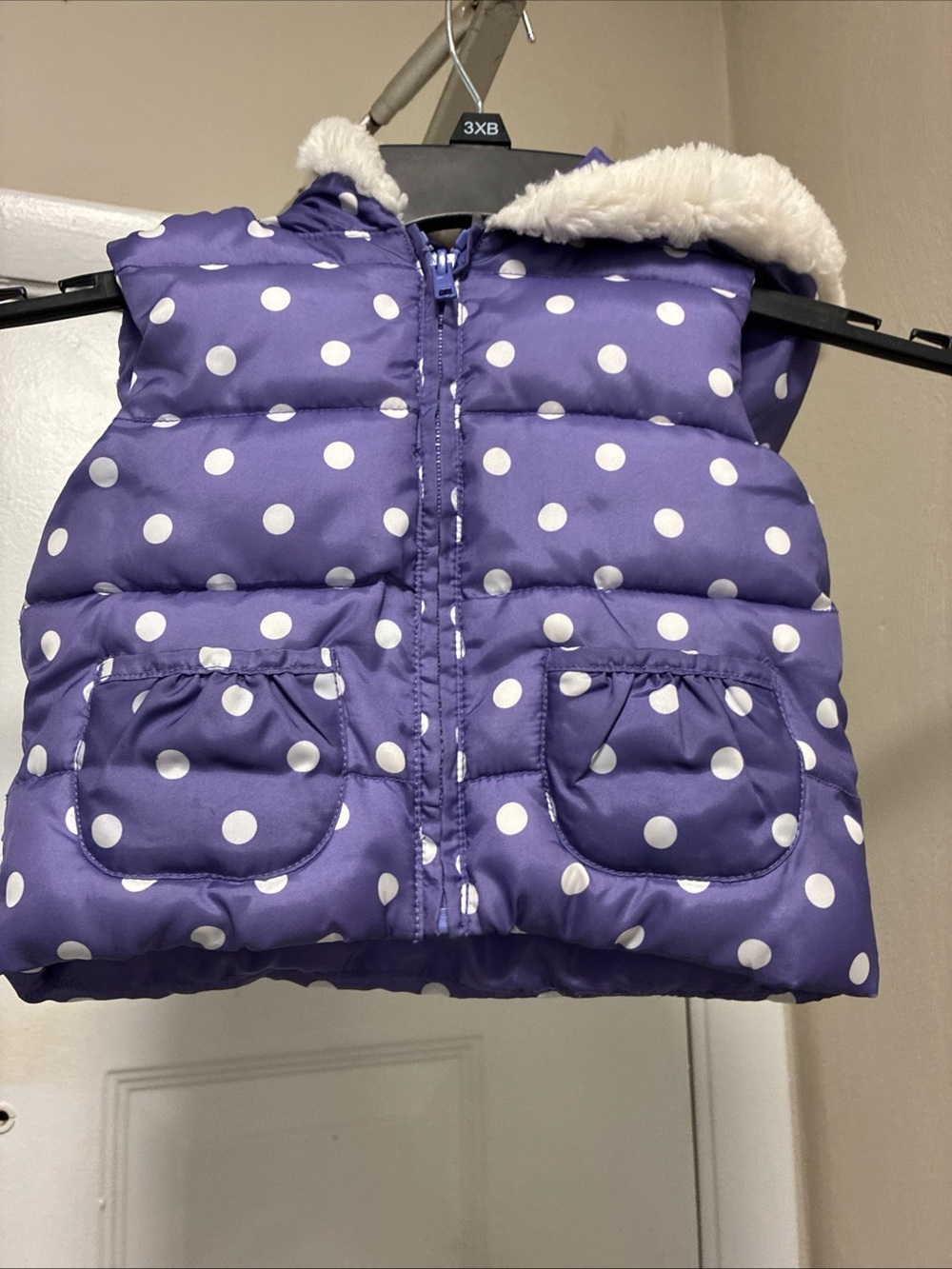 Gymboree Purple Polka Dot Hooded Puffer Vest with Faux Fur Trim